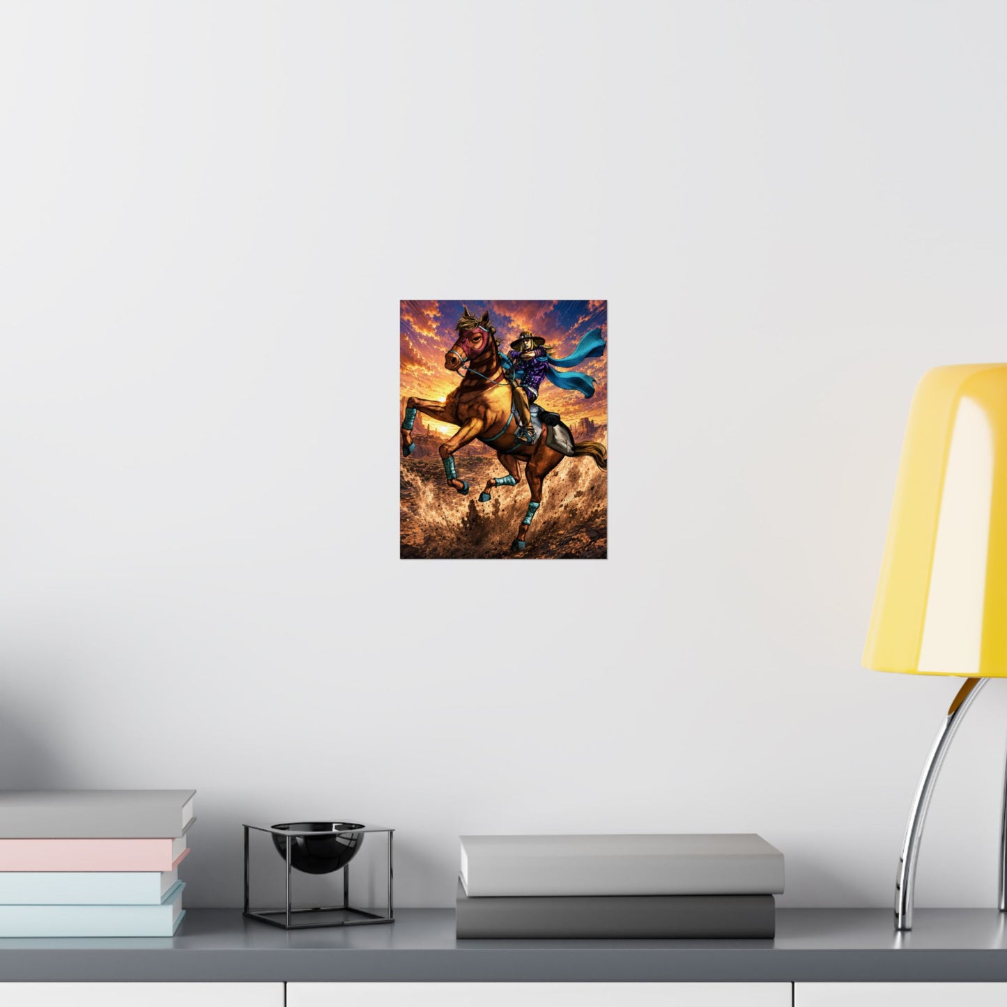 Western Cowboy Rider Poster — Dynamic Horseback Sunset Matte Vertical Art Print