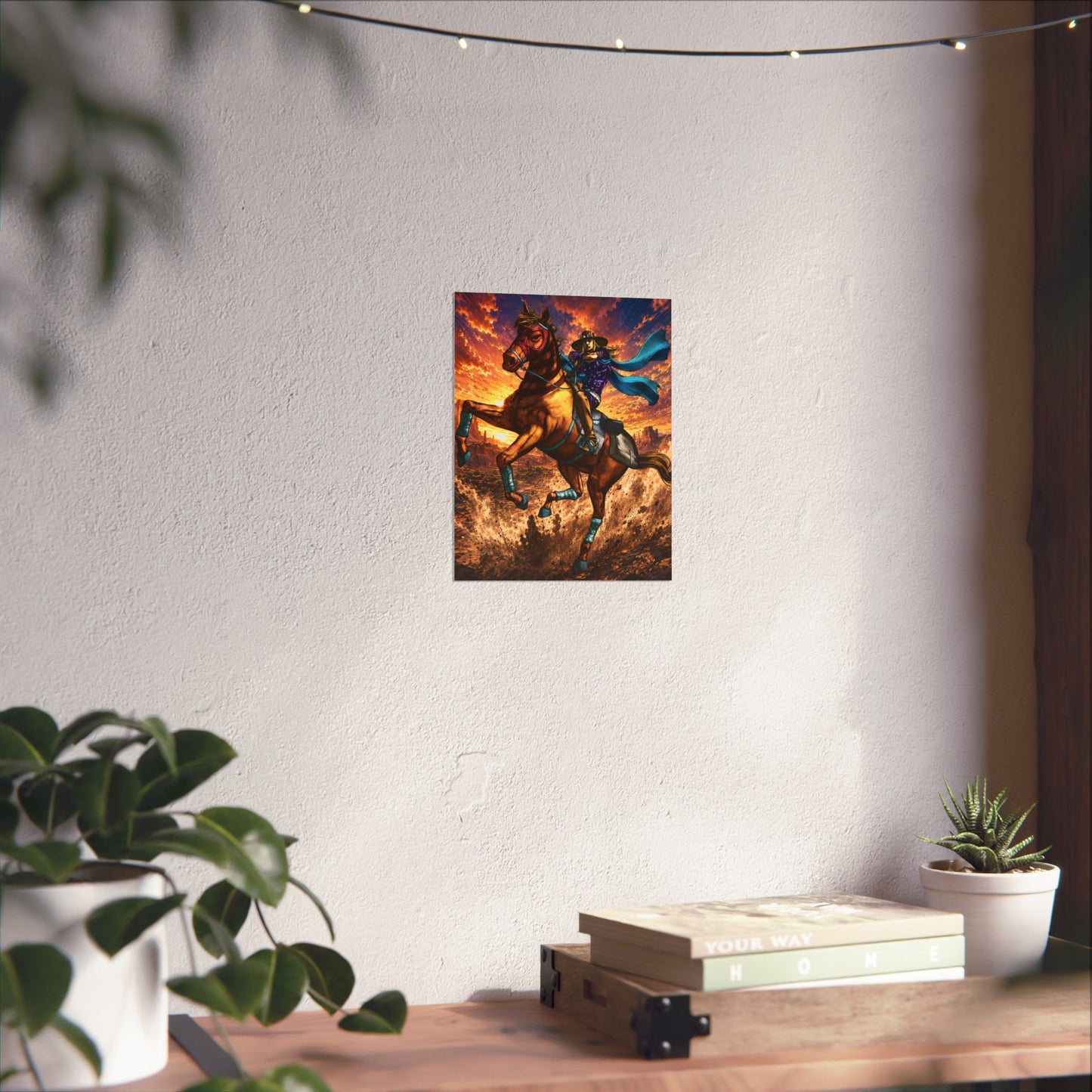 Western Cowboy Rider Poster — Dynamic Horseback Sunset Matte Vertical Art Print