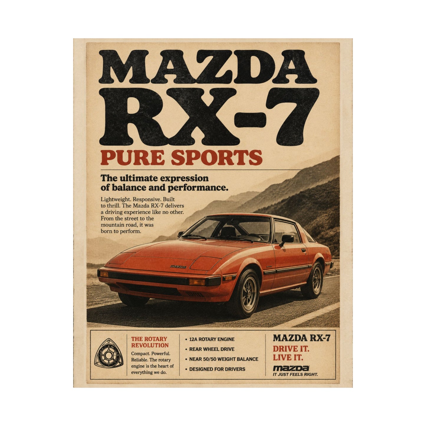 Mazda RX-7 Vintage Poster — 'Pure Sports' Retro Car Wall Art