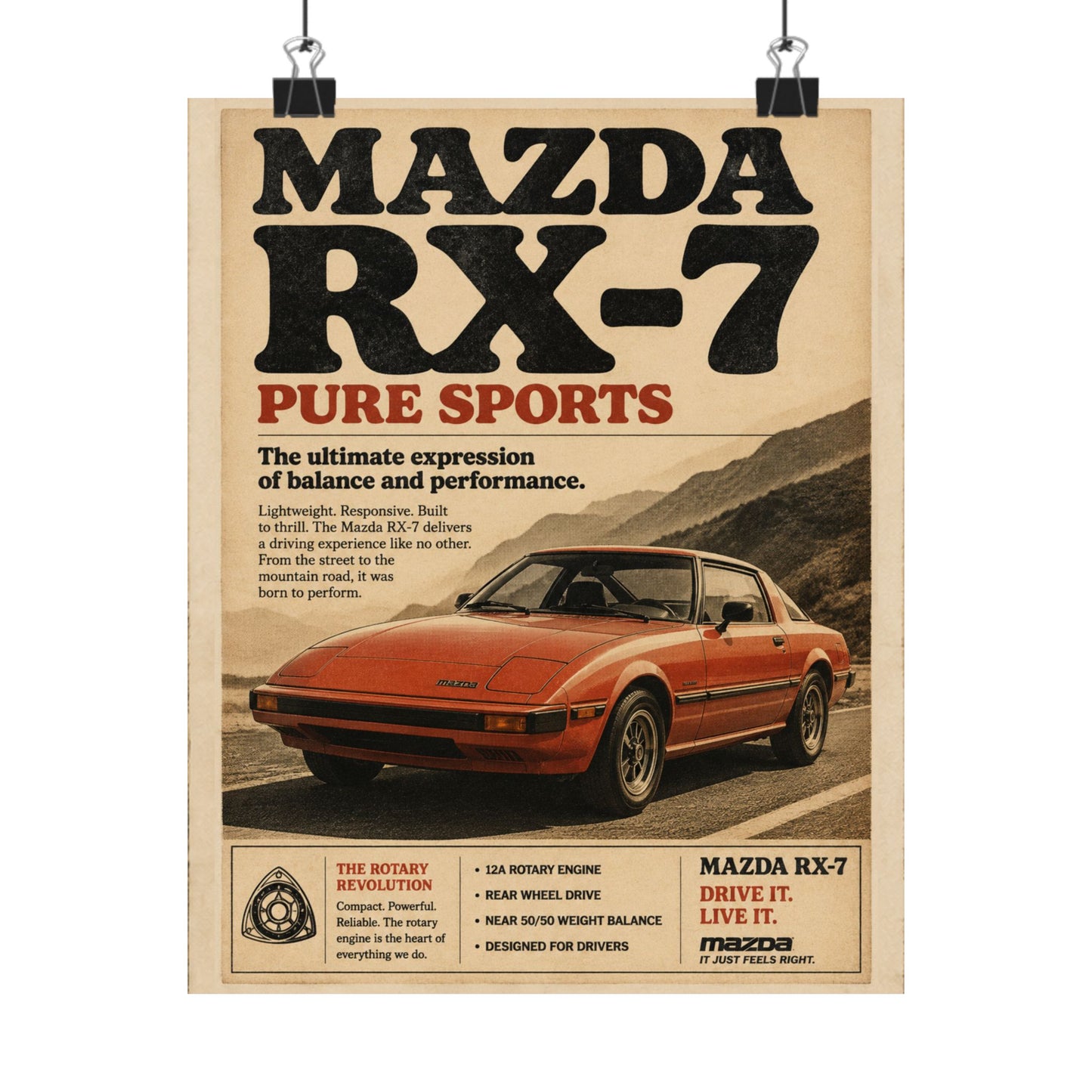 Mazda RX-7 Vintage Poster — 'Pure Sports' Retro Car Wall Art