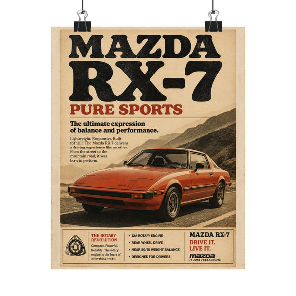 Mazda RX-7 Vintage Poster — 'Pure Sports' Retro Car Wall Art