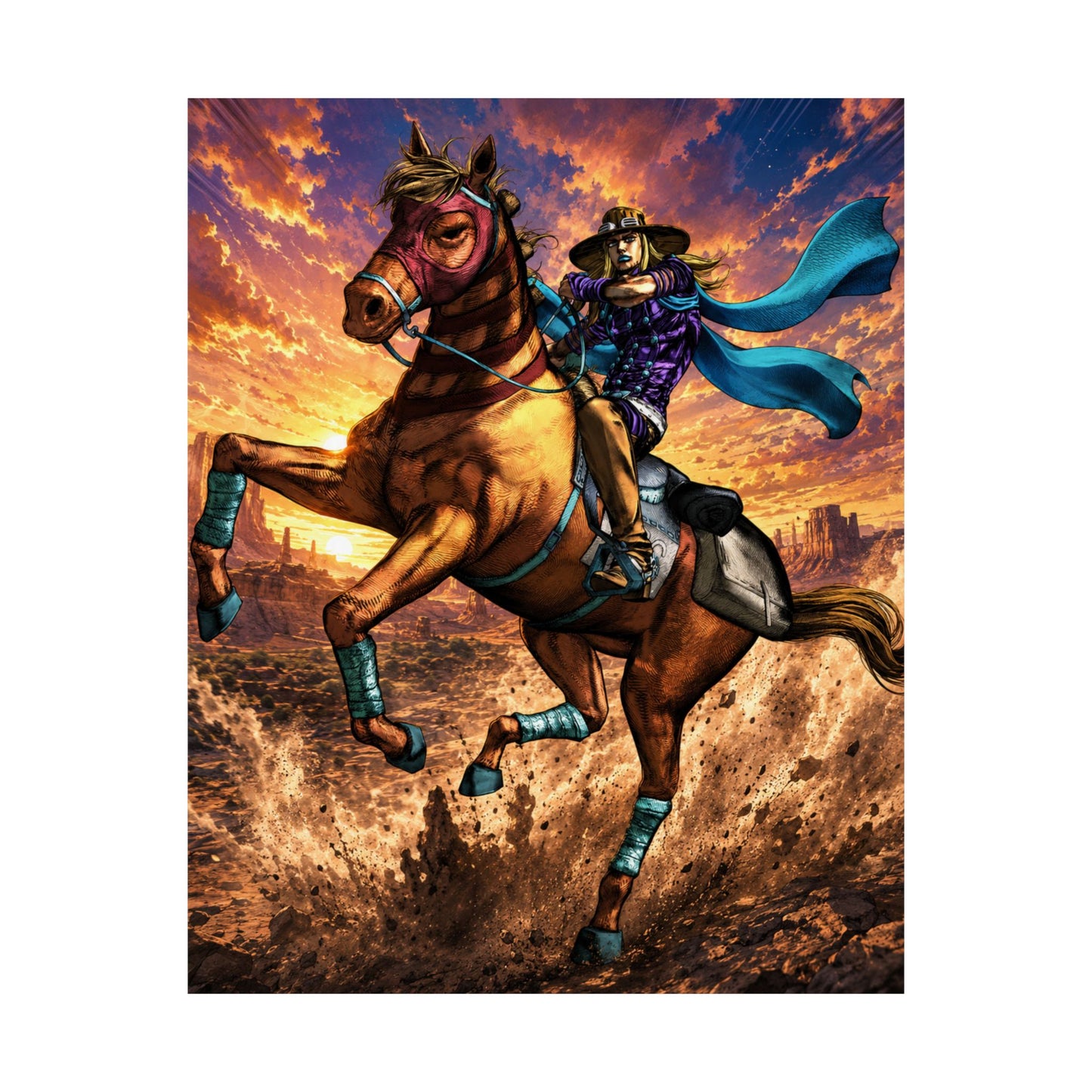 Western Cowboy Rider Poster — Dynamic Horseback Sunset Matte Vertical Art Print