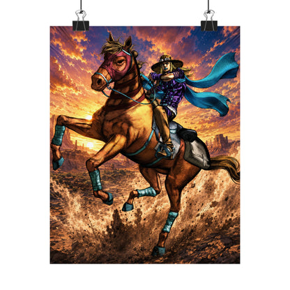 Western Cowboy Rider Poster — Dynamic Horseback Sunset Matte Vertical Art Print